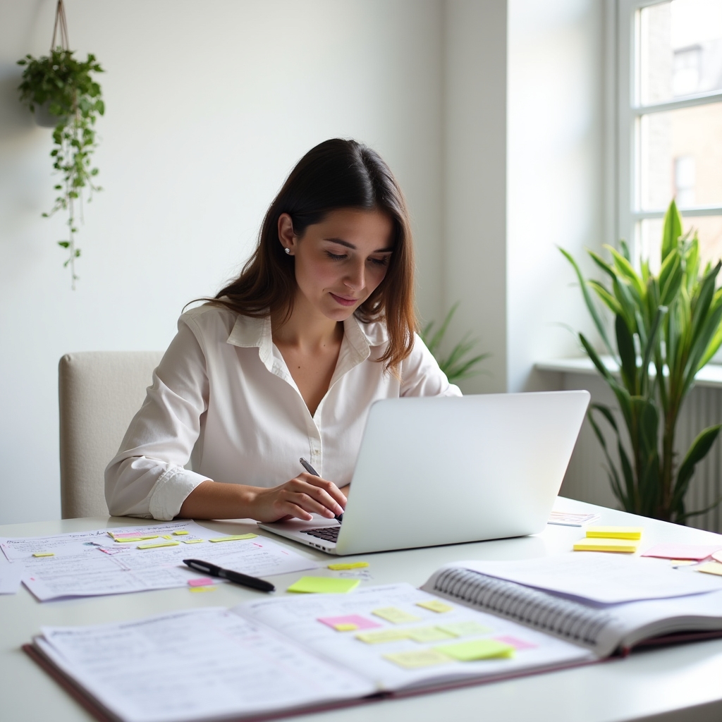 Consultant writing a case study on a laptop with printed project notes spread on a clean white desk, focused expression