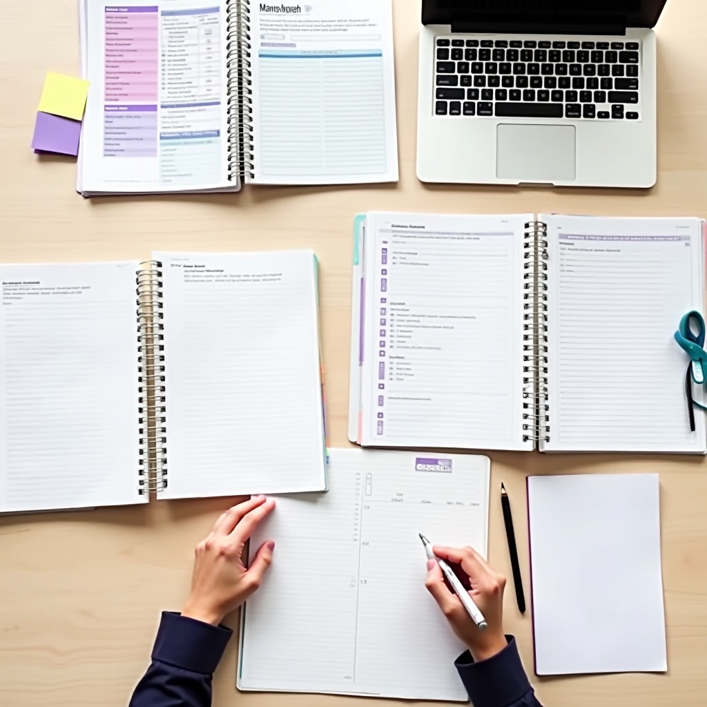 Wide shot of a consultant reviewing course curriculum materials spread across a large modern desk, organized and focused