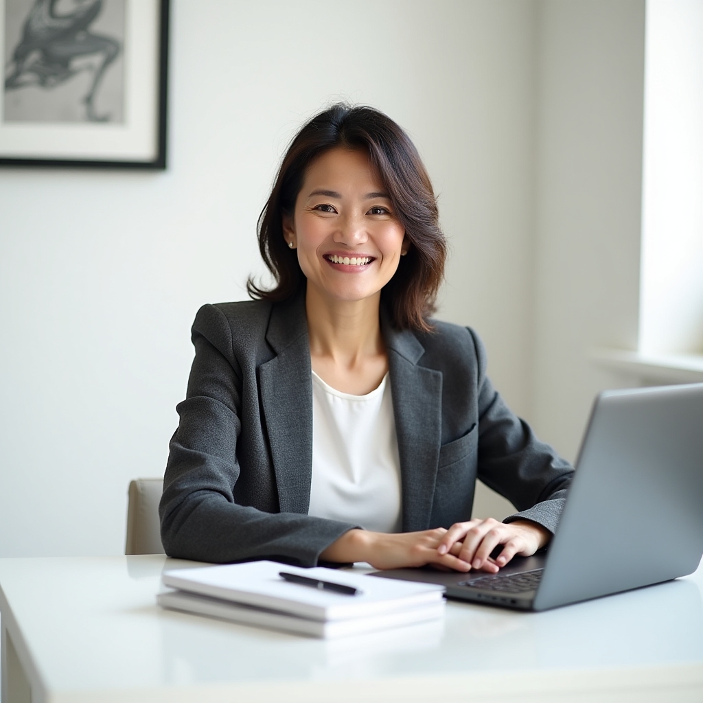 Lead course instructor seated at a modern desk, smiling confidently, with course materials and a laptop visible in background
