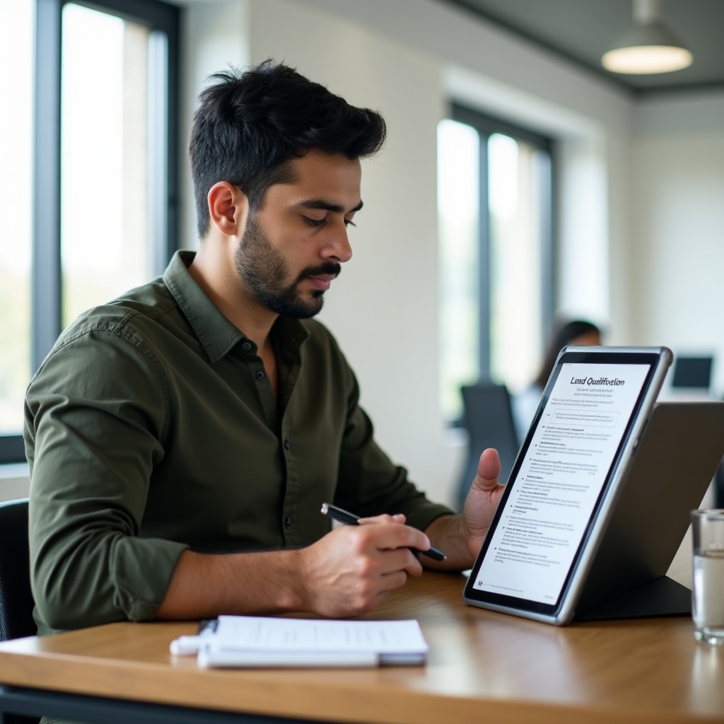 Consultant reviewing a lead qualification checklist on a tablet, seated at a clean modern desk with natural light