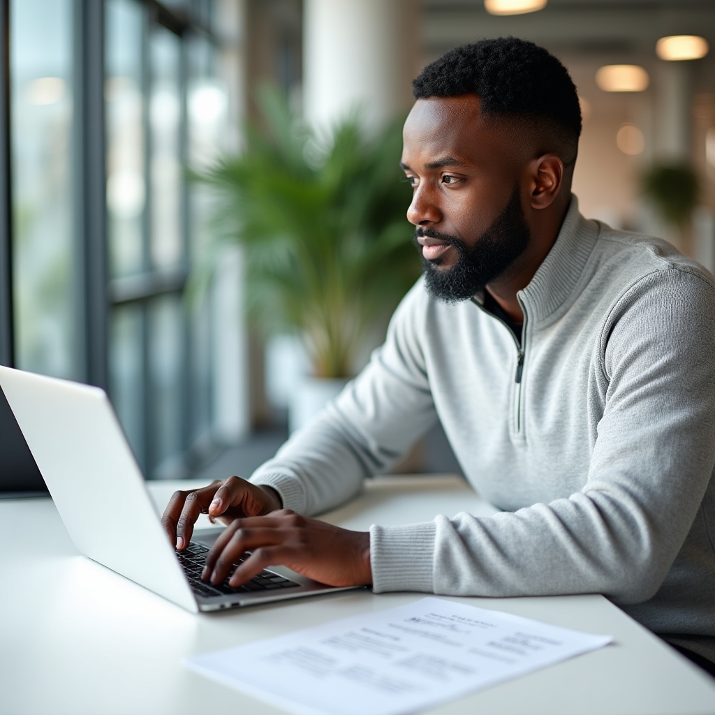 Consultant writing a project proposal on laptop in a bright coworking space, focused and professional