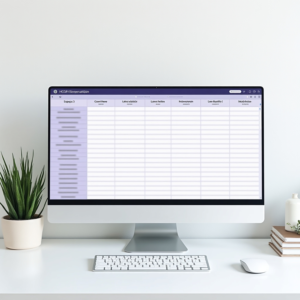 Clean spreadsheet CRM on a monitor showing lead tracking columns and pipeline stages in a minimal workspace