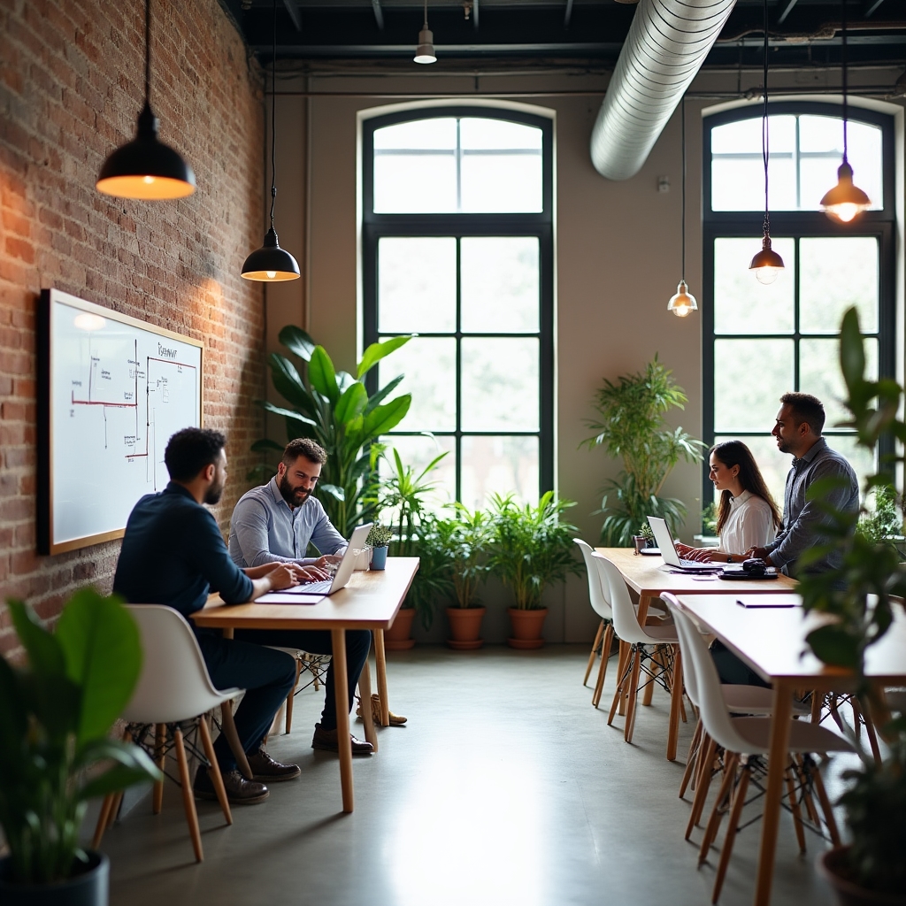 Small team of consultants working together in a modern Chicago coworking space, natural light, collaborative atmosphere